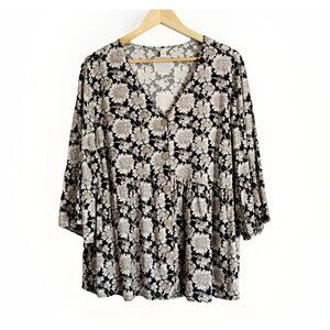 Cato Black Floral Button Up Linen Blend Peplum Top Women’s 18/20W 3/4 Sleeves